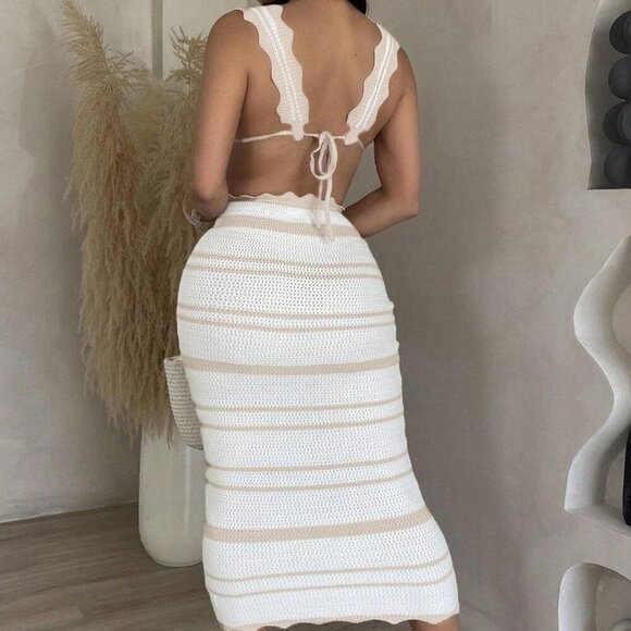 Khaki Elegant Women's Ruffled Crochet Fishtail Maxi Skirt - Picture 3 of 7